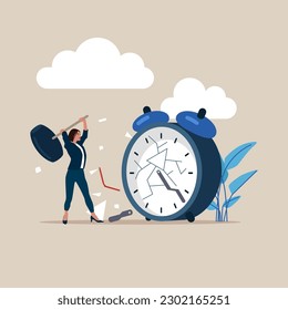 Female  uses sledgehammer and breaks hitting alarm clock with broken glass. Flat vector illustration.