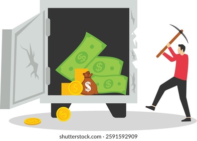 Female uses sledgehammer and breaks safe. Breaking the law. Theft and property crime. Money problems. Flat vector illustration

