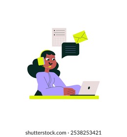 Female Using Laptop For Digital Communication In Flat Vector Illustration Symbolizing Online Messaging, Communication, And Connectivity, Isolated On White Background