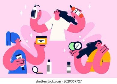 Female using natural cosmetics concept. Three different young women cartoon characters using skincare and hair care cosmetics treatment vector illustration 