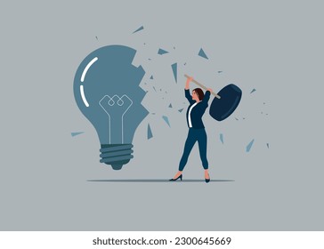 Female using sledgehammer and breaks light bulb . Flat vector illustration.
