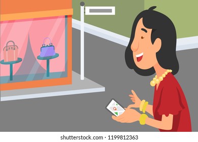 female using store locator app character illustration
