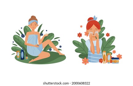 Hembra usando y probando productos cosméticos orgánicos naturales con follaje verde detrás del juego de iluminación vectorial
