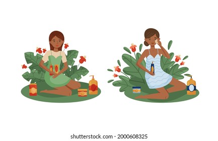 Female Using and Testing Natural Organic Cosmetic Products with Green Foliage Behind Vector Illustration Set