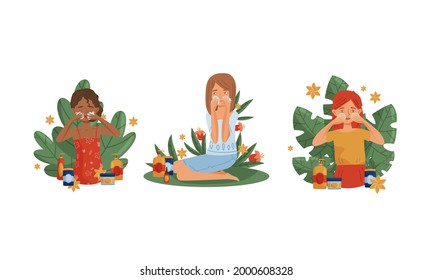 Female Using and Testing Natural Organic Cosmetic Products with Green Foliage Behind Vector Illustration Set