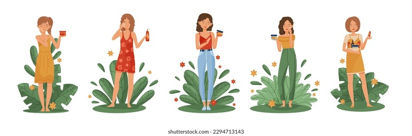 Female Using and Testing Natural Organic Cosmetic Products with Green Foliage Behind Vector Illustration Set
