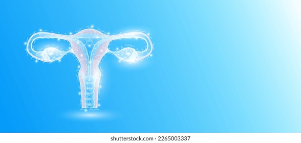 Anatomía de útero femenino forma triángulos de línea que se conectan sobre fondo azul. Futurista holograma de órgano brillante blanco translúcido y espacio de copia para texto. Concepto médico anatómico. Vector de diseño moderno.