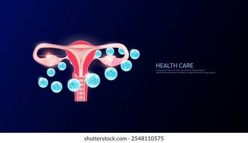 Female uterus anatomy with medical icon sign symbol inside glowing ball surrounded. Human organ on dark blue background. Medical science health care concept. Banner Vector.