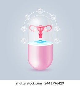 Female uterus floating on cross symbols medical in transparent pink capsule pill. Doctor, syringe, shield, and stethoscope icons are the periphery. Medical organ protection and health care. Vector.