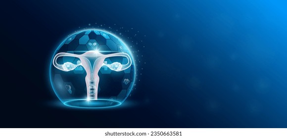 Female uterus human organ inside transparent dome shield protection futuristic with medical icon. Technology innovation health care. Empty space for text. Medical science ads website banner. Vector.