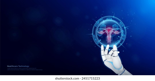 Female uterus inside hexagon sphere transparent and medical icon on doctor assistant robot hand. Health care technology innovation. Medical science banner with empty space for text. Vector EPS10.