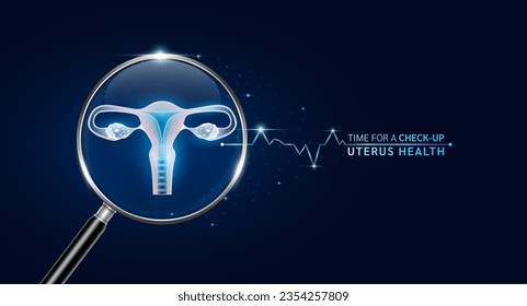 Female uterus inside magnifying glass with scan search. Health care medical check up too innovative futuristic digital technology. Body health checkup examining organ and blue neon heart pulse. Vector