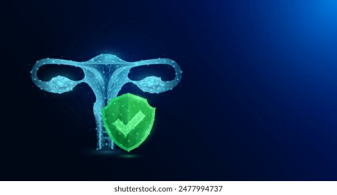 Female uterus organ anatomy in style polygonal with check mark in green shield glowing on dark blue background. Medical science protection symbol concept. Banner empty space for text. Vector EPS10.