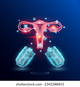 Female uterus red and medical sign symbol blue cross float out capsule translucent glowing low polygonal triangle. Health care innovation treatment. On dark blue background modern design vector.