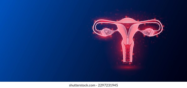 Triángulos de polos bajos de color rojo translúcido del útero femenino sobre fondo azul oscuro con espacio para el texto. Anatomía de órganos. La ginecología y el sistema reproductivo de las mujeres. Concepto médico y científico. Vector de pancarta.