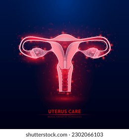 Triángulos de polos bajos de color rojo translúcido del útero femenino sobre fondo azul oscuro. Anatomía futurista de órganos brillantes. Ginecología de la atención de la salud de la mujer y sistema reproductivo. Concepto médico, científico. Vector.