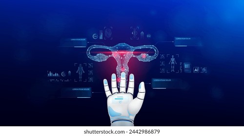 Female uterus scanning robot doctor diagnose disease on hand. Screen digital interface of system MRI scan of human body organ DNA analysis. Future health care innovation. Medical technology. Vector.
