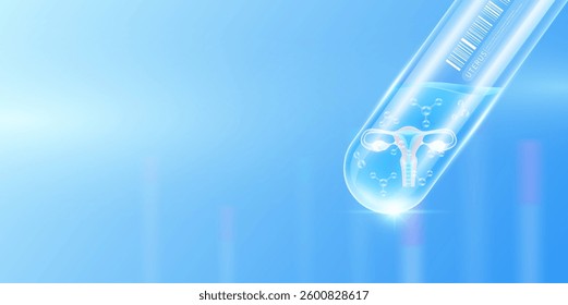 Female uterus transparent and molecule in glass test tube with empty space for text. Human internal organ anatomy sample science research experiment. Medical scientific concept. Banner vector.