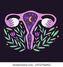 Weiblicher Uterus mit Universum im Inneren. Monat und Sterne. Grüne Zweige und blühende Blumen. Heiliges Fortpflanzungsorgan von Frauen. Fertilität und Schwangerschaftskonzept. Farbige Vektorgrafik, handgezeichnet