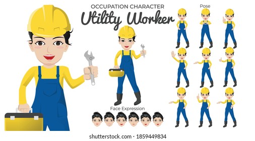 Female Utility Worker Character Set With Variety Of Pose And Face Expression