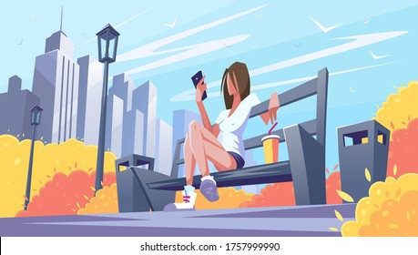 The female vacationer on a bench in the park with phone. Warm time in the city.  Vector illustration, EPS 10