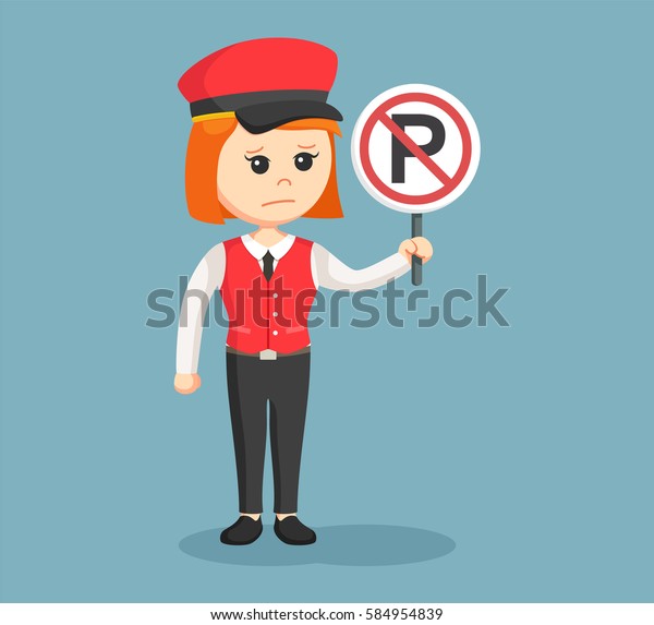 female valet with\
forbidden parking sign