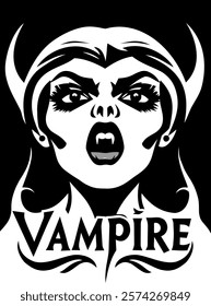 Female vampire. Black abd white illustratiion with lettering in art nouveau style.