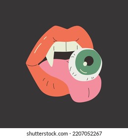 Female Vampire Lips, Eye. Cartoon Woman's Open Mouth With Tongue, Dracula Teeth, Eyeball. Vector Illustration For T-shirt, Hoodie, Sticker Print Design, Logo, Icon. Halloween Concept In Fashion Style