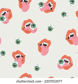 Female Vampire Lips, Eye Seamless Pattern. Cartoon Woman's Open Mouth Tongue Dracula Teeth Eyeballs Background. Vector Illustration For Print Design, Textile, Paper. Halloween Art In Fashion Style