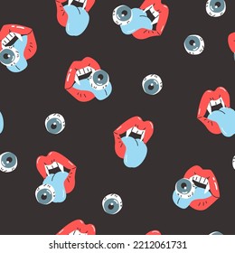 Female vampire lips, eye seamless pattern. Cartoon woman's open mouth tongue Dracula teeth eyeballs background. Vector illustration for print design, textile, paper. Halloween art in fashion style