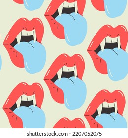 Female Vampire Lips Seamless Pattern. Funky Cartoon Woman's Open Mouth With Tongue, Dracula Teeth Background. Vector Illustration For Print Design, Textile, Paper. Halloween Concept In Fashion Style