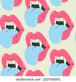 Female Vampire Lips Seamless Pattern. Funky Cartoon Woman's Open Mouth With Tongue, Dracula Teeth Background. Vector Illustration For Print Design, Textile, Paper. Halloween Concept In Fashion Style