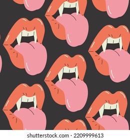 Female Vampire Lips Seamless Pattern. Funky Cartoon Woman's Open Mouth With Tongue, Dracula Teeth Background. Vector Illustration For Print Design, Textile, Paper. Halloween Concept In Fashion Style