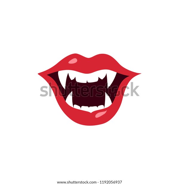 女の吸血鬼の赤い唇 セクシーなヴァンパイアは牙で口を開く ハロウィーンのベクターイラスト 広告やプロモーションのデザインエレメント 白い背景に のベクター画像素材 ロイヤリティフリー