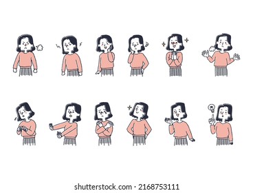  Female variation set 2 that expresses various emotions with facial expressions and gestures