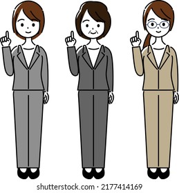 Female variation set in a suit explained by pointing (whole body)