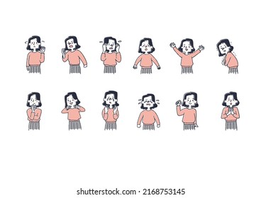 Female variation set that expresses various emotions with facial expressions and gestures 1