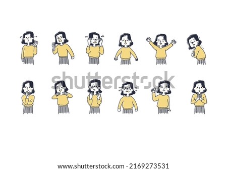 Female variation set that expresses various emotions with facial expressions and gestures 1