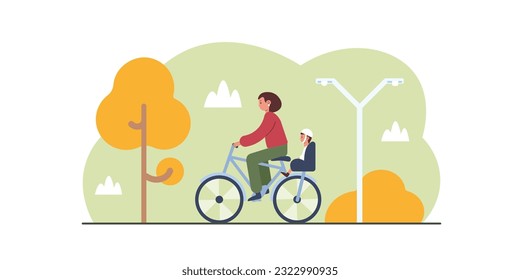 Female vector character is carrying child on bicycle. Mother transports her son on bike seat. Caring for nature from early age. Usage of green transport