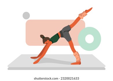 Female vector character doing stretching. Gymnastic exercises for back, arms, legs. Head down position. Woman in leg warmers. Time for yoga and fitness