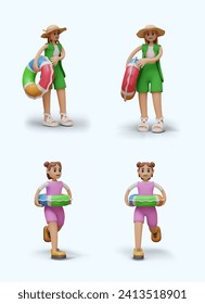 Female vector characters on vacation. Woman in sun hat, girl with inflatable ring. Set of 3D models, view from different sides. Templates for dynamic design, scene modeling