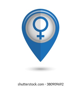 Female - vector icon;  blue map pointer