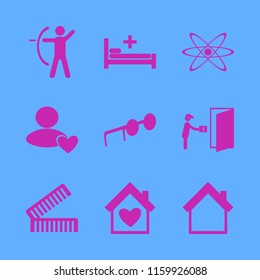 female vector icons set. with courier gives parcel, atom, archer and house heart in set