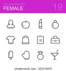 Female vector outline icon set - woman, apple, perfume, lipstick, t-shirt, bag, shopping list, ice-cream, cooking, ring and cocktail