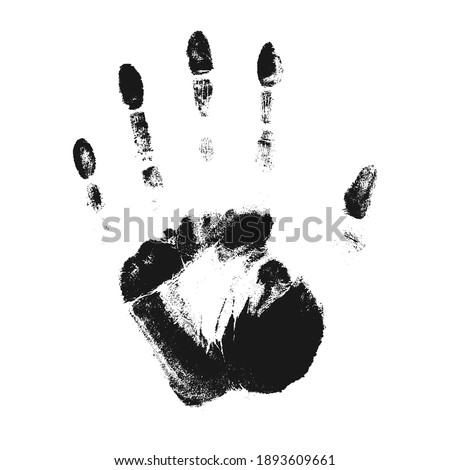 Female vector palm imprint. Unique adult human left handed handprint isolated on white background. Graphic design element. 