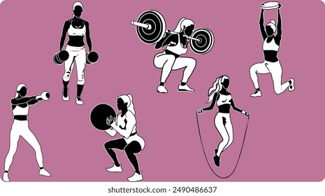 female vector silhouette athlete character, weightlifting, dumbbell lifting, barbell lifting, skipping rope medicine ball lifting, weight disk lifting