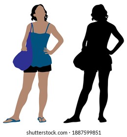 Female vector silhouette with a cloth bag over her shoulder, a girl in summer clothes in shorts and a T-shirt stands with her head up, isolated on a white background, colored silhouettes of clothes.