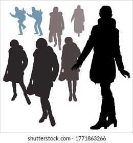 Female vector silhouettes in warm clothes in the winter, in different poses, different ages, isolated on white background, passers-by, buyers, pedestrians.