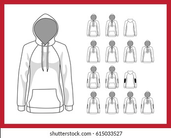 Female vector template sweatshirt with hood and raglan sleeves. Front and back view vector set templates