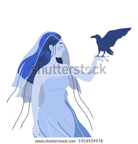 Female in Veil with Raven as Psychic Performing Occult Ritual Summoning Spirit Vector Illustration Stock photo © 
